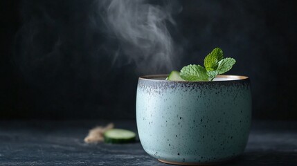An artisanal ceramic cup with a matte finish, filled with cool cucumber mint tea, set against a dark charcoal background with steam subtly rising