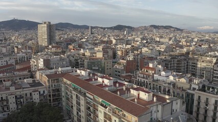 Panoramic view of the blocks with residential apartment buildings from a bird's-eye view. Drone video on a sunny day