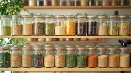 A kitchen pantry shelf stocked with glass jars of grains, spices, and dried herbs.