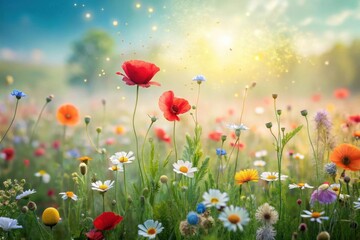 Fototapeta premium Vibrant Wildflower Meadow at Dawn, Illuminated by Golden Sunlight, Featuring Poppies and Daisies