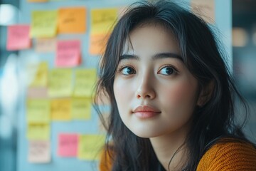 The young woman is gazing with an intent look in front