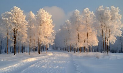 Obraz premium Frosty winter road through snow-covered trees at sunrise