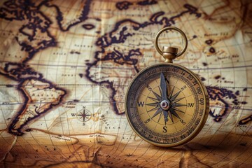 Antique compass rests on a vintage world map, symbolizing exploration and adventure.