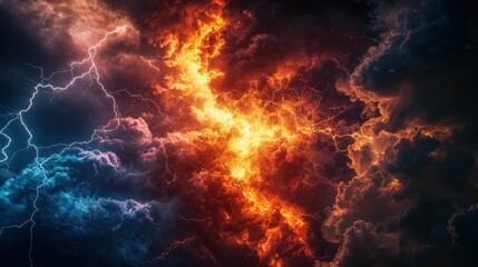Fototapeta premium Dramatic Lightning and Fiery Clouds in a Turbulent Sky Scene