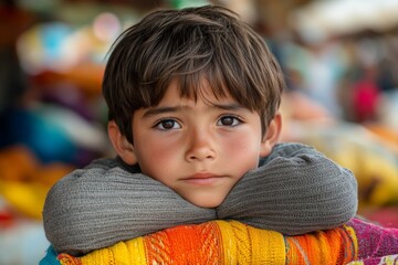 Young boy resting his chin on his arms with a thoughtful expression in a vibrant market setting