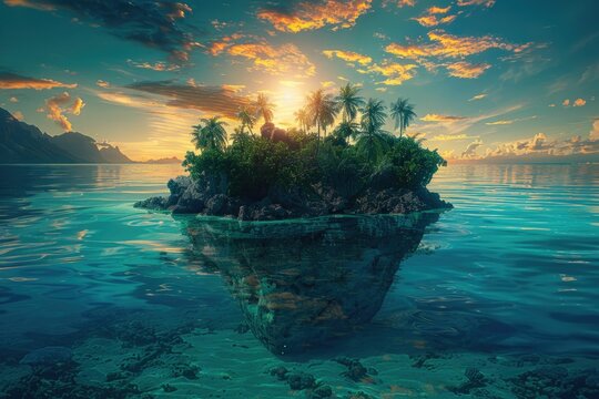 Serene tropical island at sunset, palm trees on rocky outcrop, reflected in crystal-clear turquoise water.