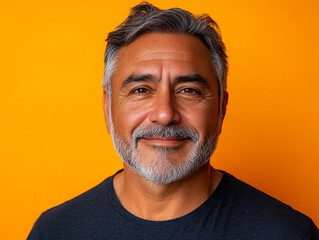 Fototapeta premium Smiling man with gray beard against orange background