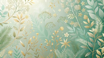 Elegant Golden Floral Botanical Pattern on Soft Green Background A Luxurious Design for Textiles, Wallpaper, and More