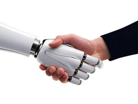 robot shakes hands with a person, PNG transparent cutout artificial intelligence collaboration