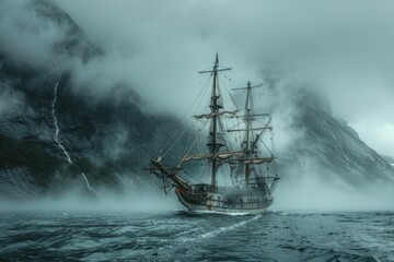Obraz premium A majestic sailing ship navigates a misty fjord, surrounded by dramatic mountains and waterfalls.