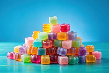 A vibrant pyramid of colorful, translucent, cube-shaped jellies rests on a teal surface against a bright blue backdrop