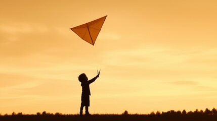 Silhouette of Child Flying Kite at Sunset: Tranquil Outdoor Adventure Under Golden Sky