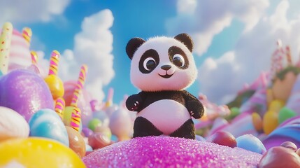 Panda plushie standing on a candy hill