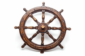 Obraz premium Antique wooden ship's wheel, nautical decor, aged, weathered, maritime.