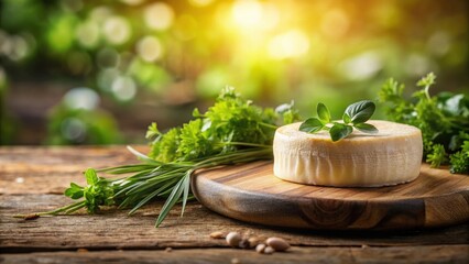 A round wheel of creamy cheese sits on a rustic wooden board, adorned with fresh herbs and bathed in warm sunlight