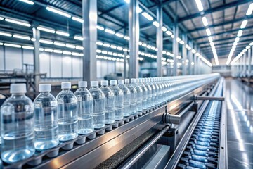 Obraz premium A Conveyor Belt of Crystal-Clear Plastic Bottles in a Modern Factory Setting
