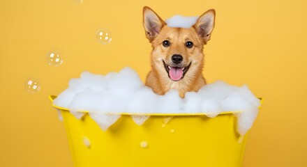 Fototapeta na wymiar Joyful Dog Bath Time: A Happy Pup in a Yellow Tub