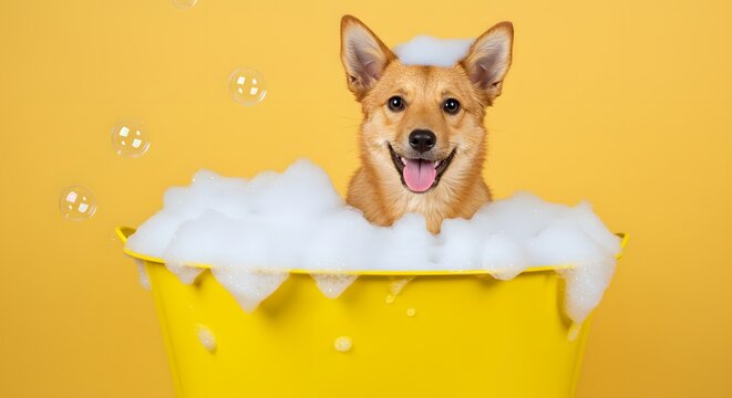 Joyful Dog Bath Time: A Happy Pup in a Yellow Tub