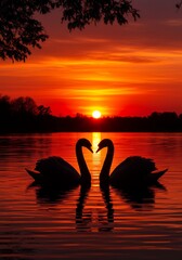 Fototapeta premium Romantic Swans Embrace at Sunset