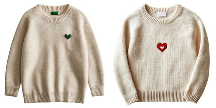Png of Pair of cream knitted sweaters with embroidered heart designs on transparent background. - Powered by Adobe