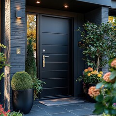 Minimalist entrance with a stylish black door, silver handle, and smart keypad lock