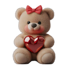Cute teddy bear with a red heart and a bow isolated on a white background