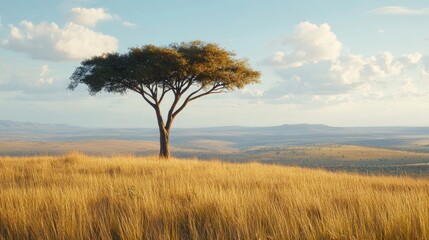 Fototapeta premium A lone tree on a hilltop in the middle of an expansive savannah grassland.