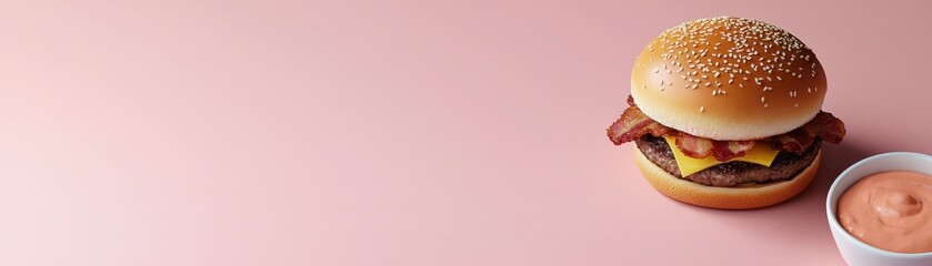 Juicy Bacon Cheeseburger with Melted Cheese and Dip on a Pink Background Perfect for Food Marketing Campaigns