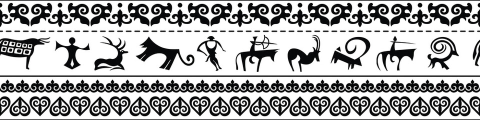Ethnic seamless border on the theme of rock paintings and Altai national ornament, Scythian and Turkic, vector design, banner
