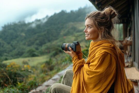 Woman enjoys nature while taking photos in a scenic mountainous landscape during a cloudy afternoon