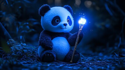 Panda plushie with a magical glowing staff