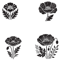 Detailed Poppy Flower Vector Silhouettes Black and White Designs