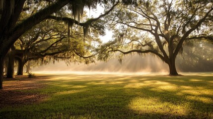 Obraz premium A morning mist rolling over the savannah, soft light filtering through the trees and grass.