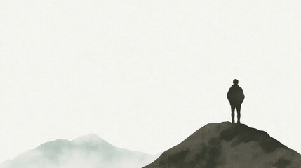 hiker stands on peak, overlooking misty mountains and serene landscape