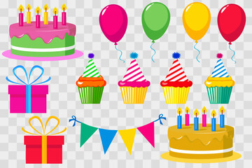 bright multicolored isolated vector elements happy birthday, cakes cupcakes in caps balloons gifts , yellow blue red pink green rich colors, transparent background, web design, decor
