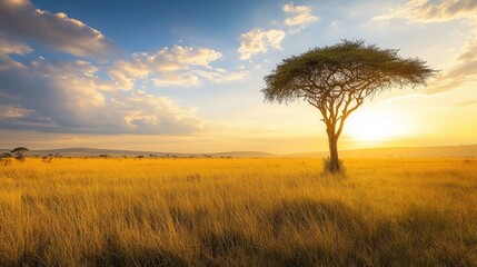 Fototapeta premium A panoramic shot of a vast, endless savannah stretching as far as the eye can see.