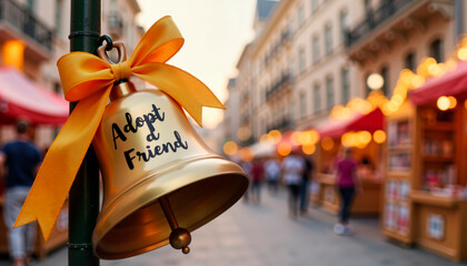 Golden bell that says “Adopt a Friend” with ribbon at pet adoption event in city square, community spirit, dedicated to pet day, copy space
