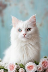 Fototapeta premium A white cat with blue eyes is sitting on a bed of pink flowers. The cat is looking directly at the camera, and the flowers are arranged in a way that creates a sense of harmony and beauty