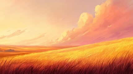 Fototapeta premium A peaceful savannah grassland at dusk, the sky painted in shades of pink and orange.