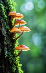 Fototapeta premium Photograph of small mushrooms thriving on a lush, mossy tree trunk in a serene woodland setting.