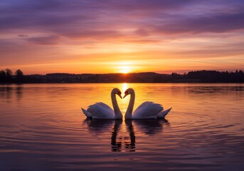 Fototapeta premium Two Swans Embrace at Sunrise on a Serene Lake