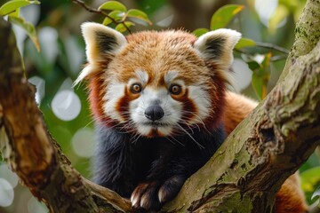 Naklejka premium Adorable red panda perched on a tree branch, gazing intently.