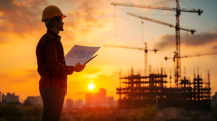 Fototapeta premium Create an image related to the logistics of the construction industry, such as an engineer standing tall with a construction plan in his hand and looking at a construction site. Just make sure the ima