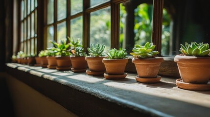 A row of small clay flower pots, each containing different succulents, neatly aligned on a windowsill.