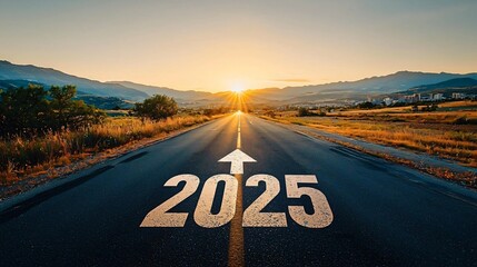 Road to 2025: golden sunset paints path to future success. Inspiring vision, direction, & new beginnings. Ideal for business planning, year-end campaigns, and goal-setting themes.