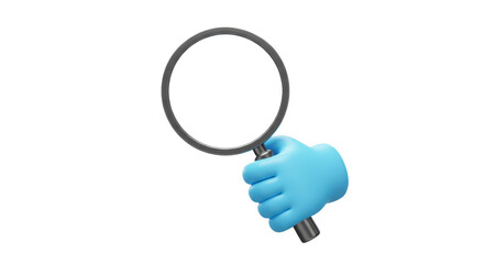 3d render. Search icon. Cartoon character hand holds big magnifying glass lens. Business of science clip art isolated on white background