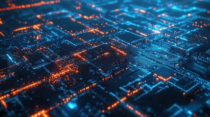 Fototapeta premium Abstract Digital Landscape with Blue and Orange Light Patterns