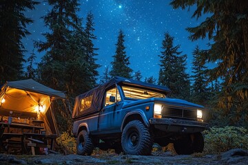 Camping under the stars with a vintage truck and cozy tent in a forest at night