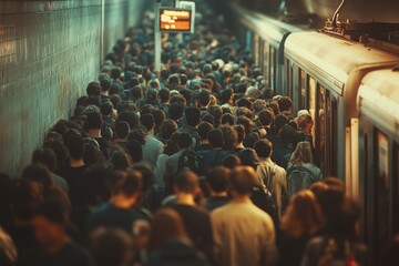 Crowd of commuters waiting for subway train at busy city station during rush hour
