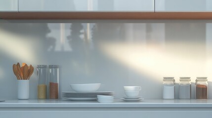 Obraz premium A sleek, white kitchen shelf with an organized display of plates, cups, and spice jars.